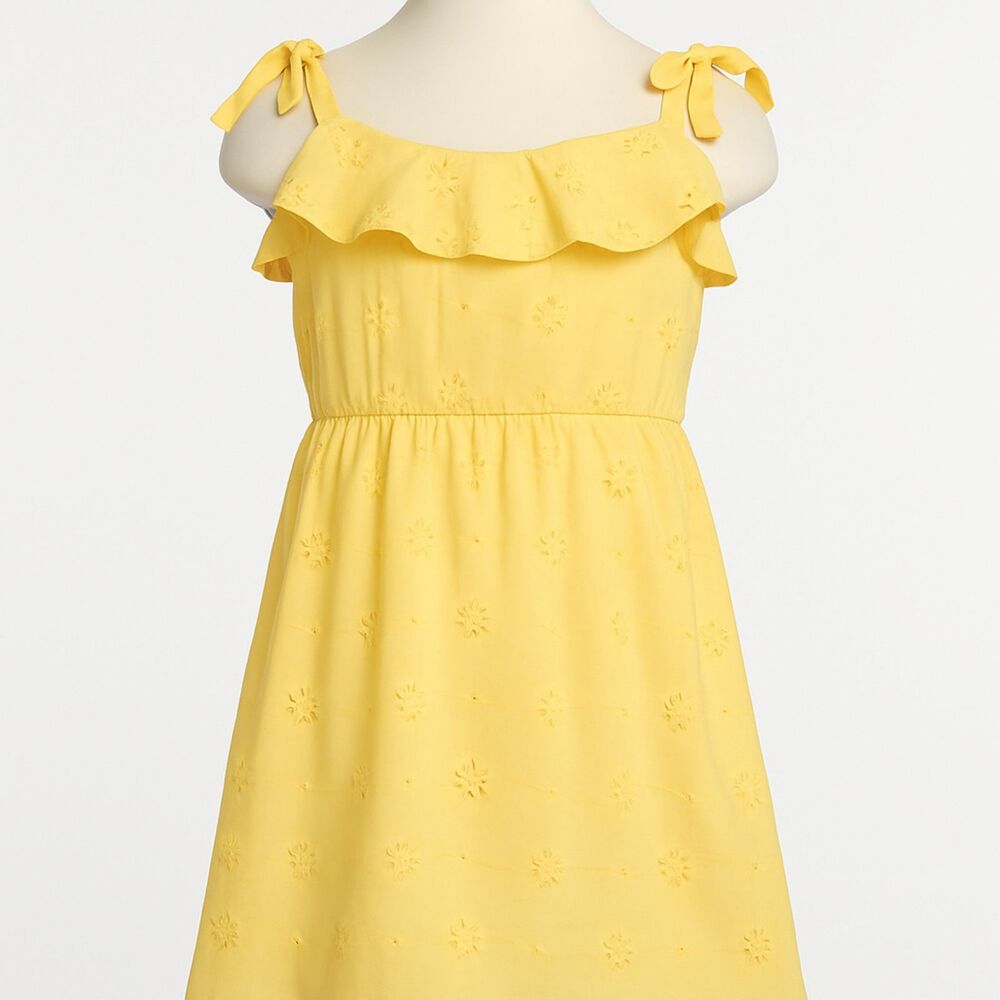Girls Yellow Eyelet Cotton Sundress Size 6/7 Tie Shoulder Ruffle Neck